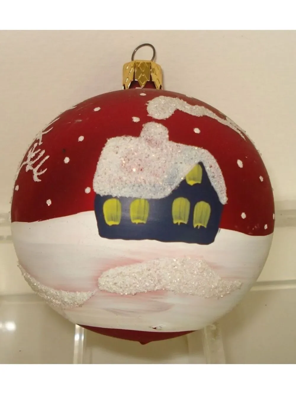 Vintage Hand Painted Snowman W/ House & Snow Scene Round Ball Glass Ornament